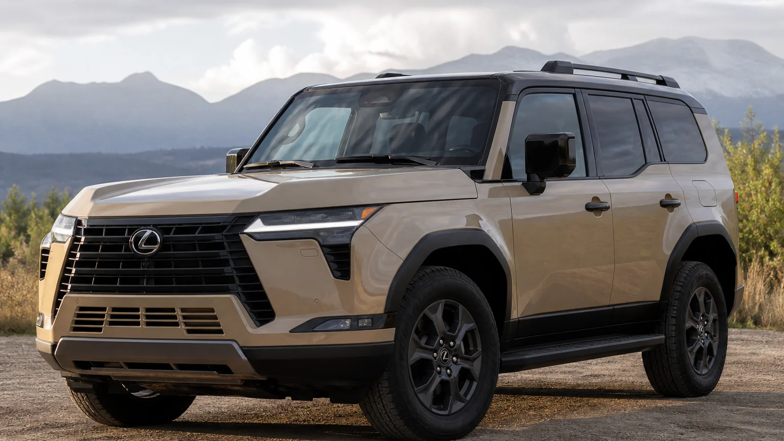 A Lexus GX 550 body-on-frame SUV, three-quarter front view, parked on a quiet street.