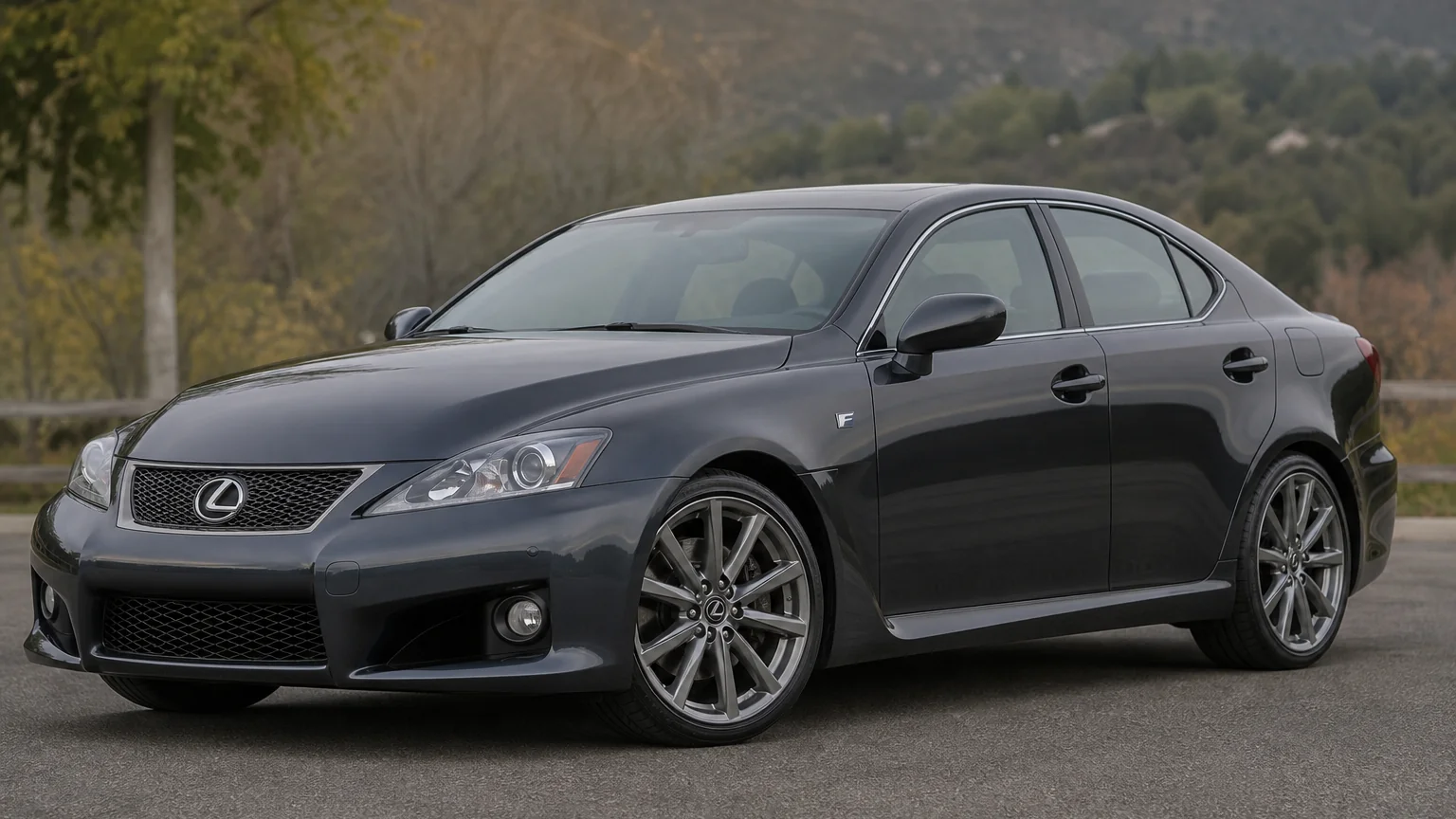 A Lexus IS F performance sedan, three-quarter front view, parked on a quiet street.