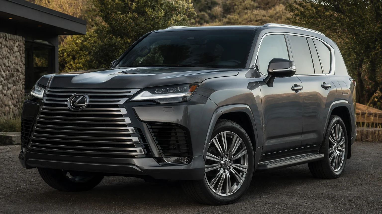 A Lexus LX full-size luxury SUV, three-quarter front view, parked on a quiet street.