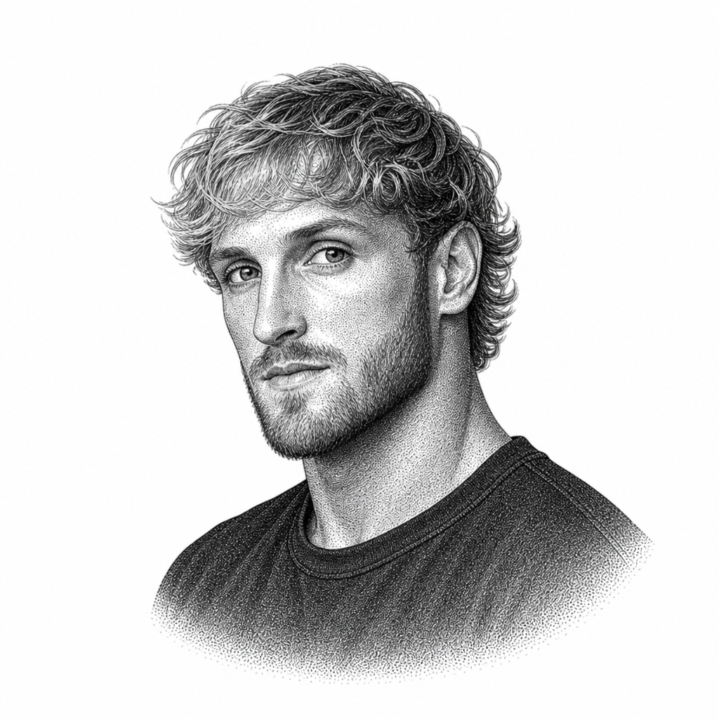 Black and white stipple portrait of Logan Paul.