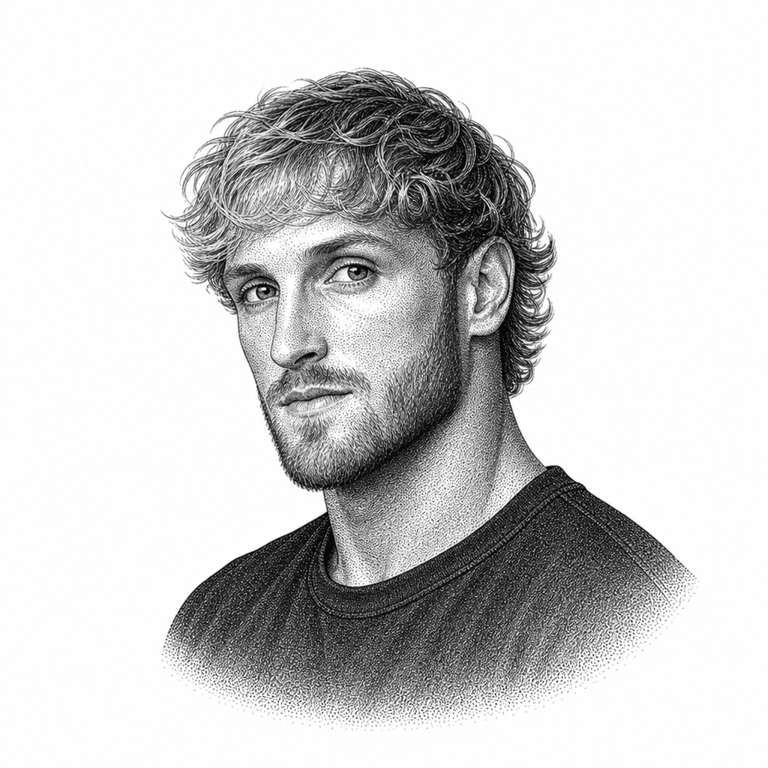 Black and white stipple portrait of Logan Paul.