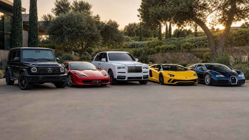 Lineup of a red Ferrari, yellow Lamborghini Aventador, black Mercedes G-Wagon, white Rolls-Royce Cullinan, and blue Bugatti on a private driveway.