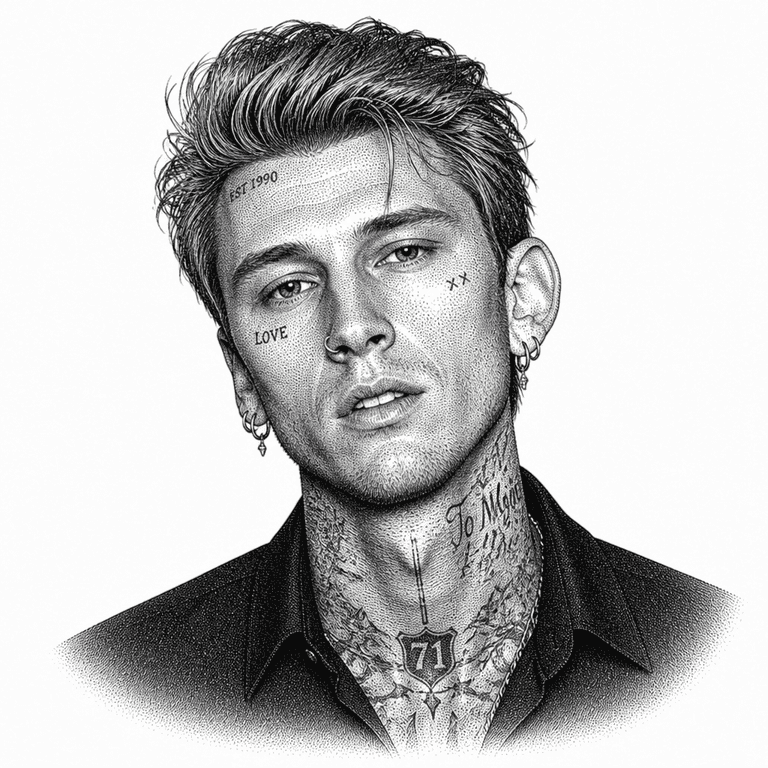 Black and white stipple portrait of Machine Gun Kelly.