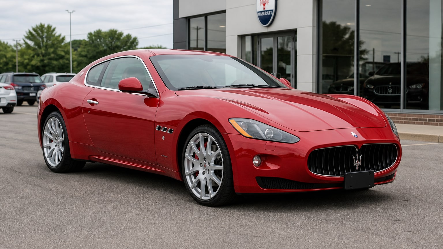 A higher-risk Maserati GranTurismo model year parked in a dealership lot.