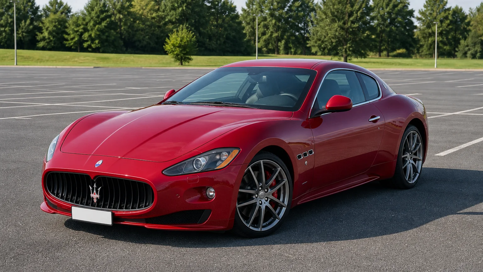 A Maserati GranTurismo, three-quarter front view, parked outdoors.