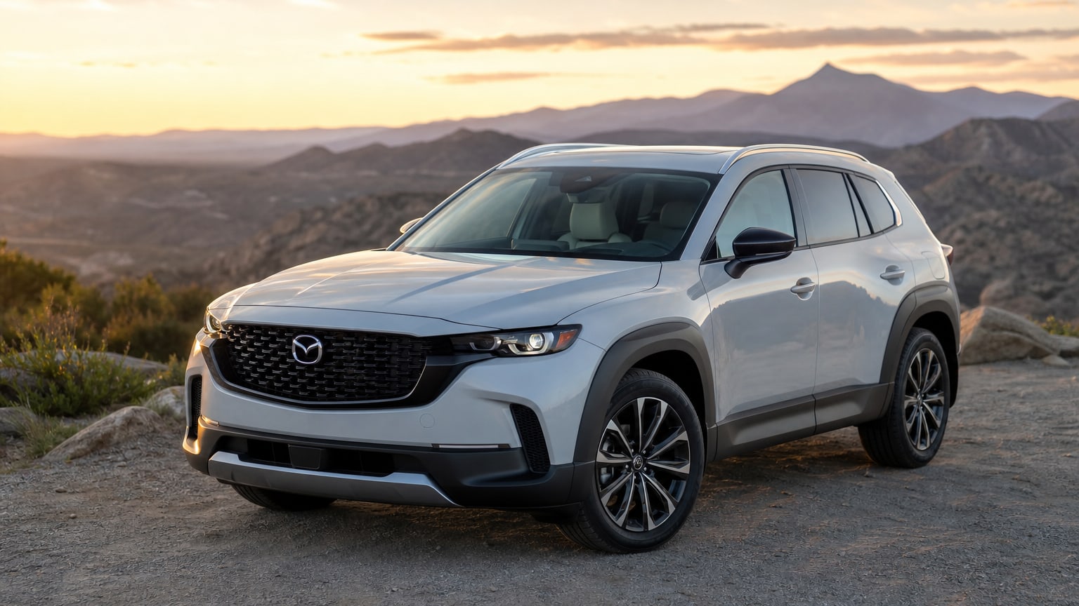 A white 2025 Mazda CX-50 parked at a scenic overlook.