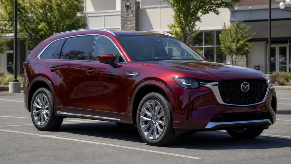 A red 2024 Mazda CX-90 parked in a shopping center lot.