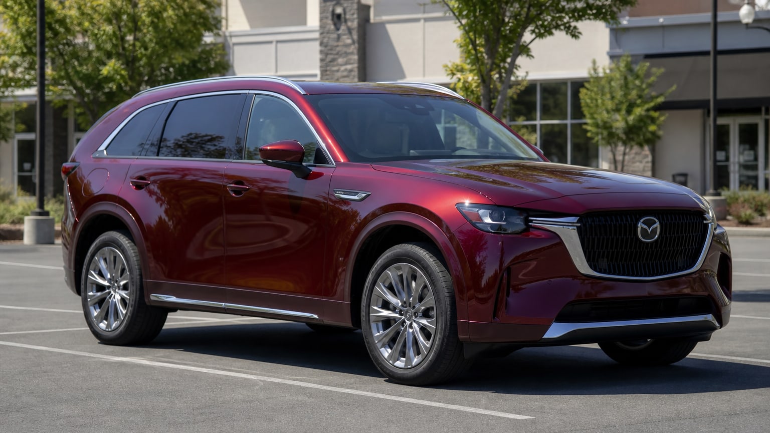 A red 2024 Mazda CX-90 parked in a shopping center lot.
