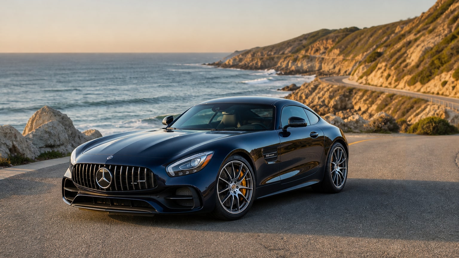 A cleaner later-model Mercedes-Benz AMG GT on a quiet road.