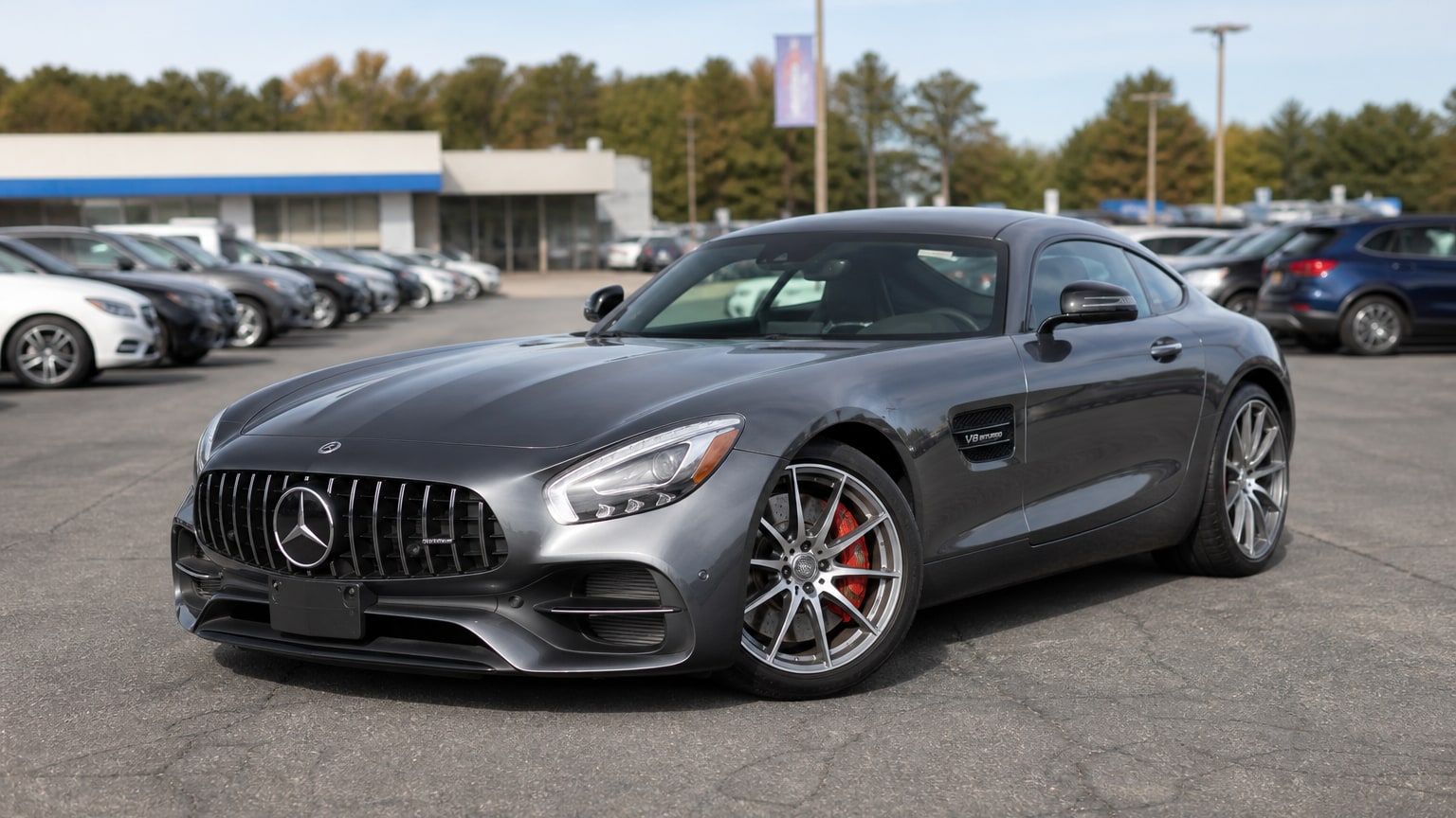 A higher-risk Mercedes-Benz AMG GT model year parked in a dealership lot.