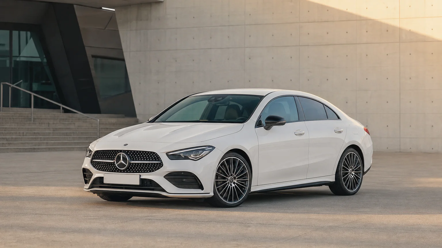 A Mercedes-Benz CLA sedan, three-quarter front view, parked on a quiet street.