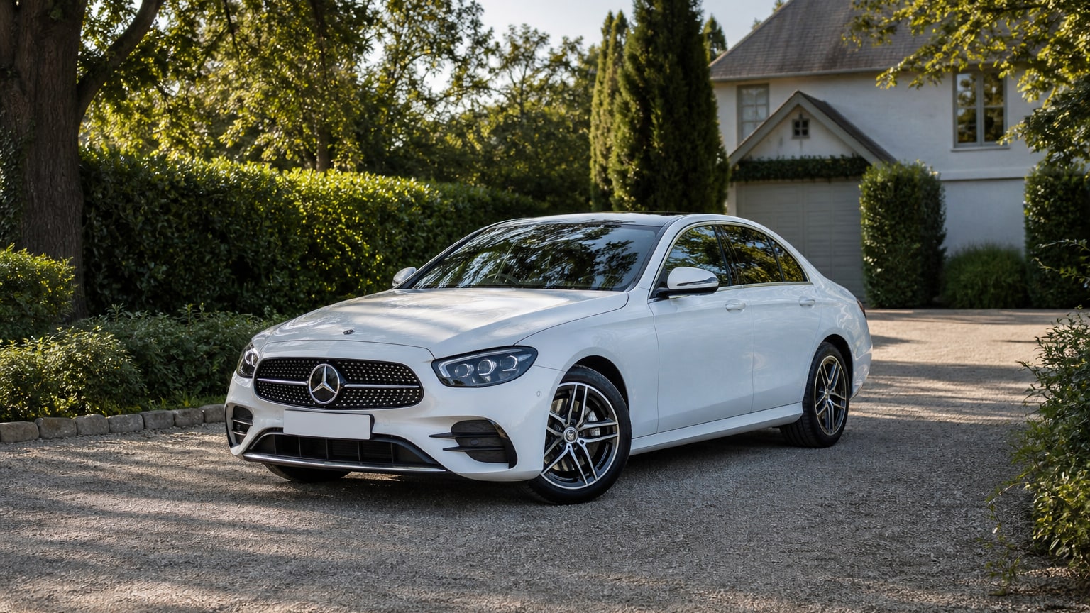 A Mercedes-Benz E-Class parked outdoors, three-quarter front view.