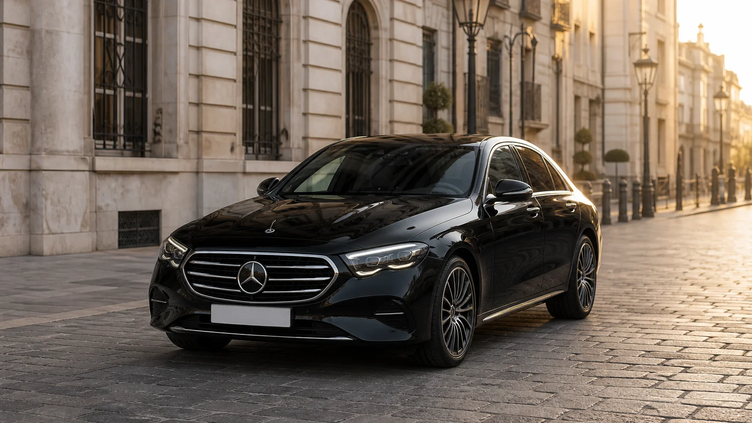 A Mercedes-Benz E-Class sedan, three-quarter front view, parked on a quiet street.