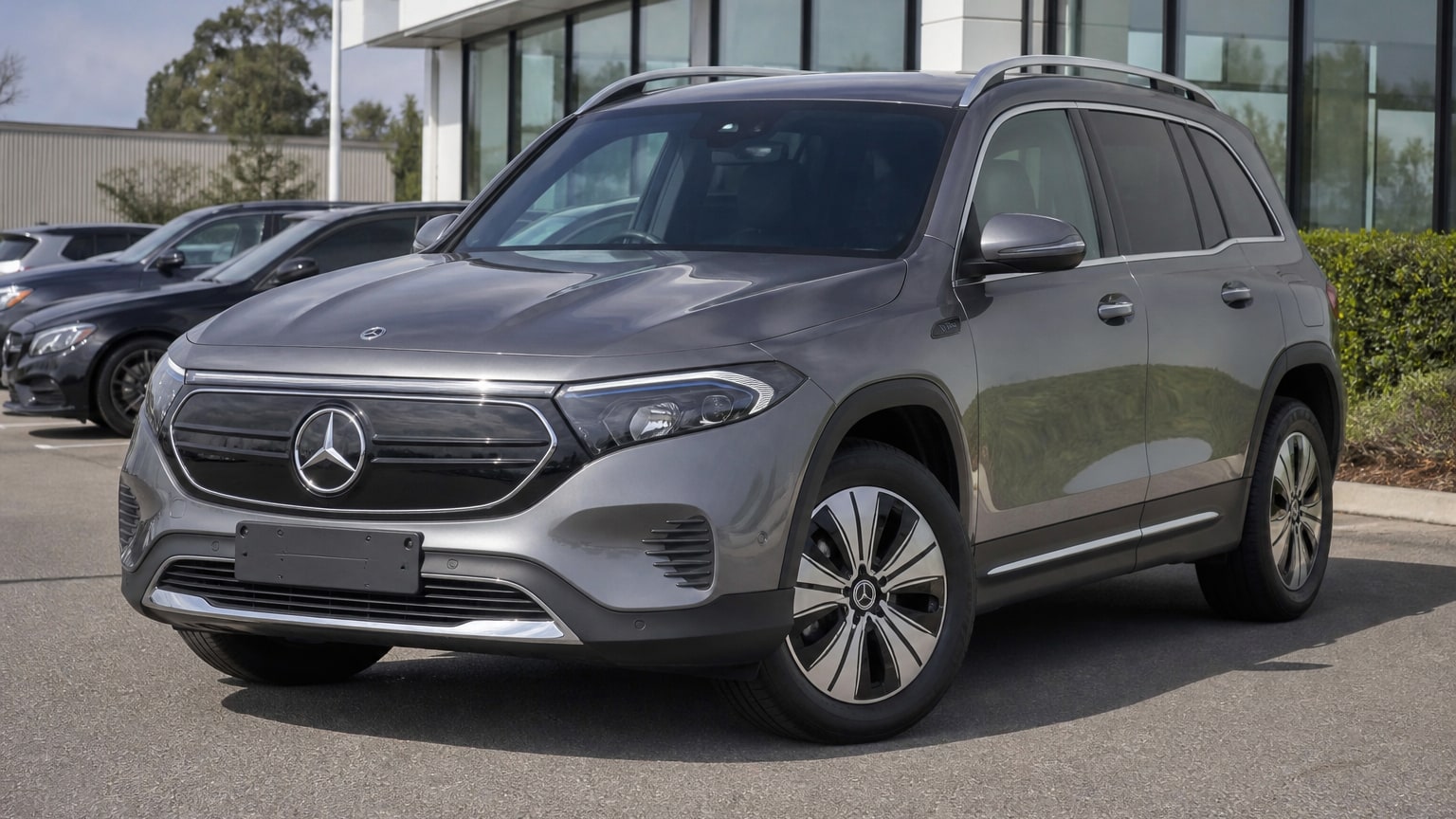 A higher-risk Mercedes-Benz EQB model year parked in a dealership lot.
