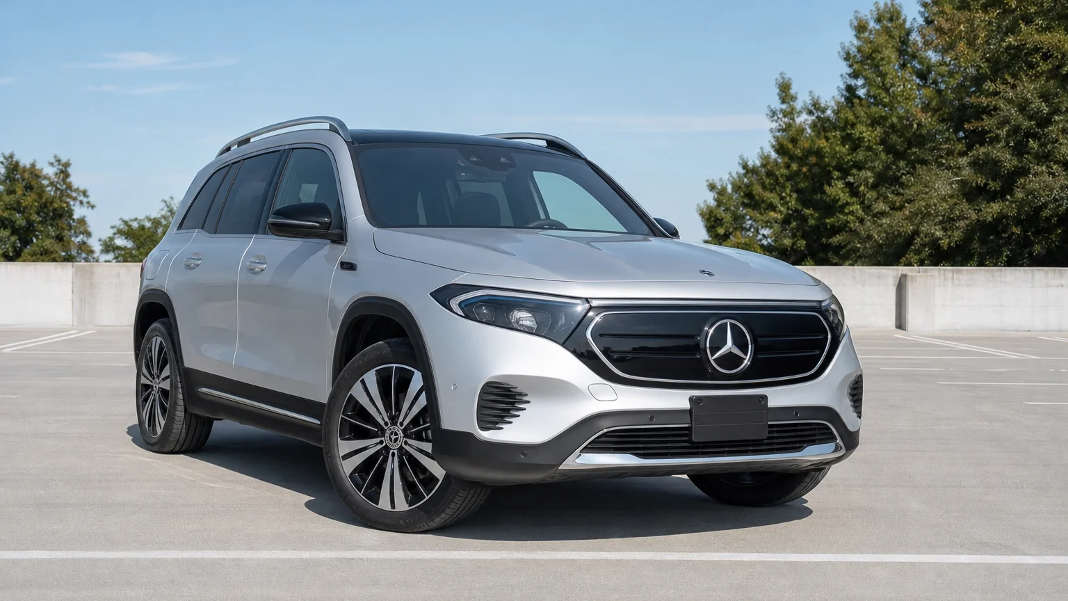 A Mercedes-Benz EQB, three-quarter front view, parked outdoors.