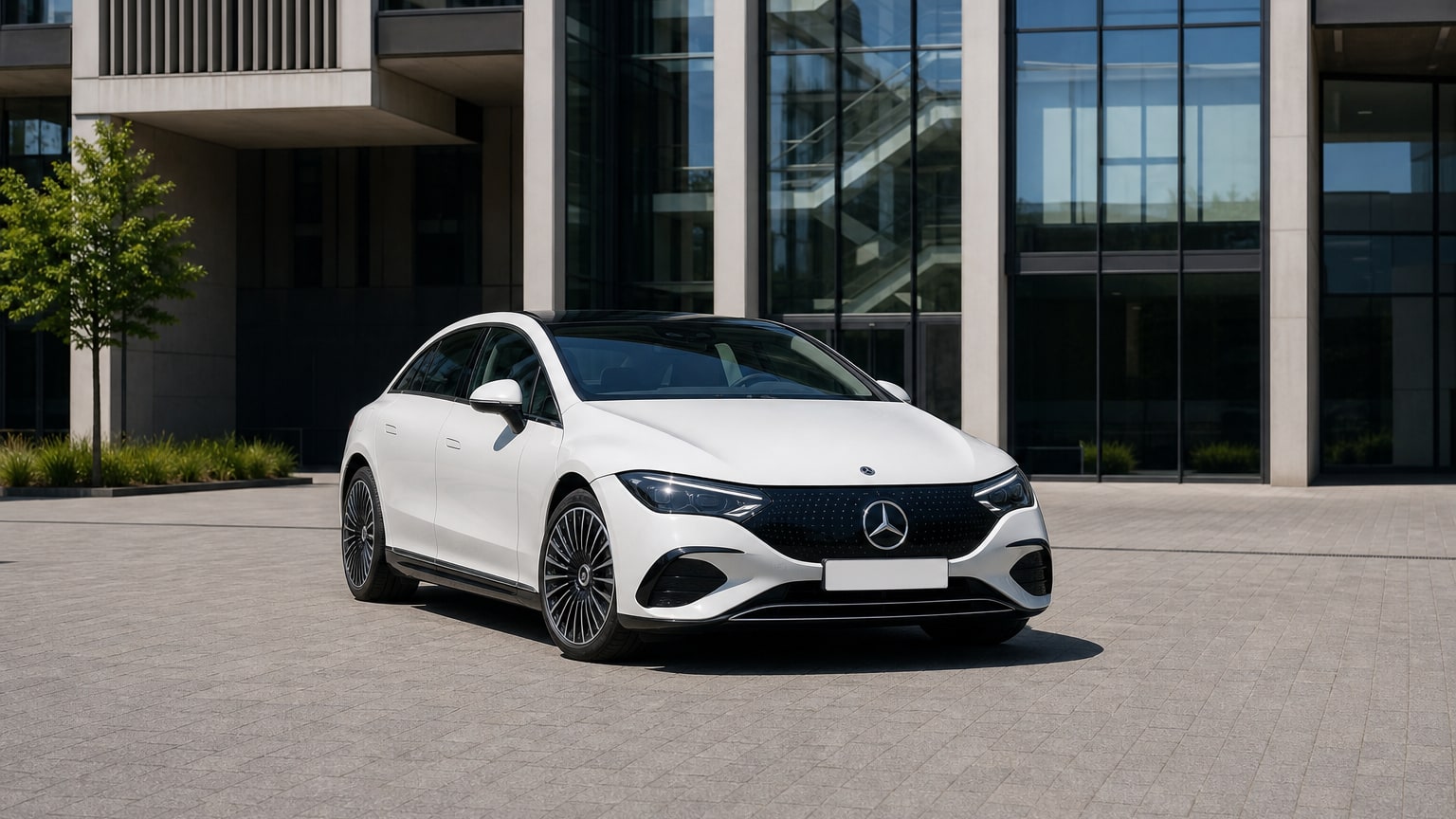 A Mercedes-Benz EQE parked outdoors, three-quarter front view.