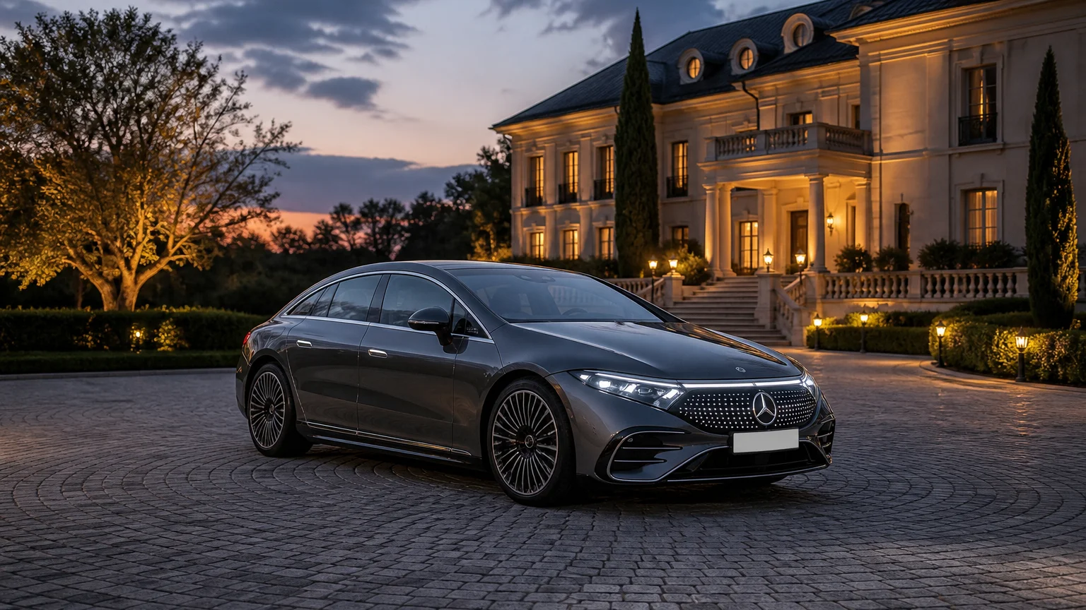 A Mercedes-Benz EQS sedan, three-quarter front view, parked on a quiet street.