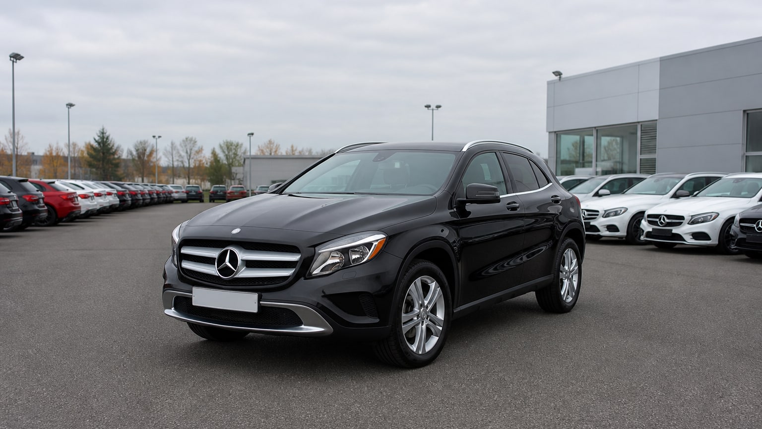 A higher-risk Mercedes-Benz GLA model year parked in a dealership lot.