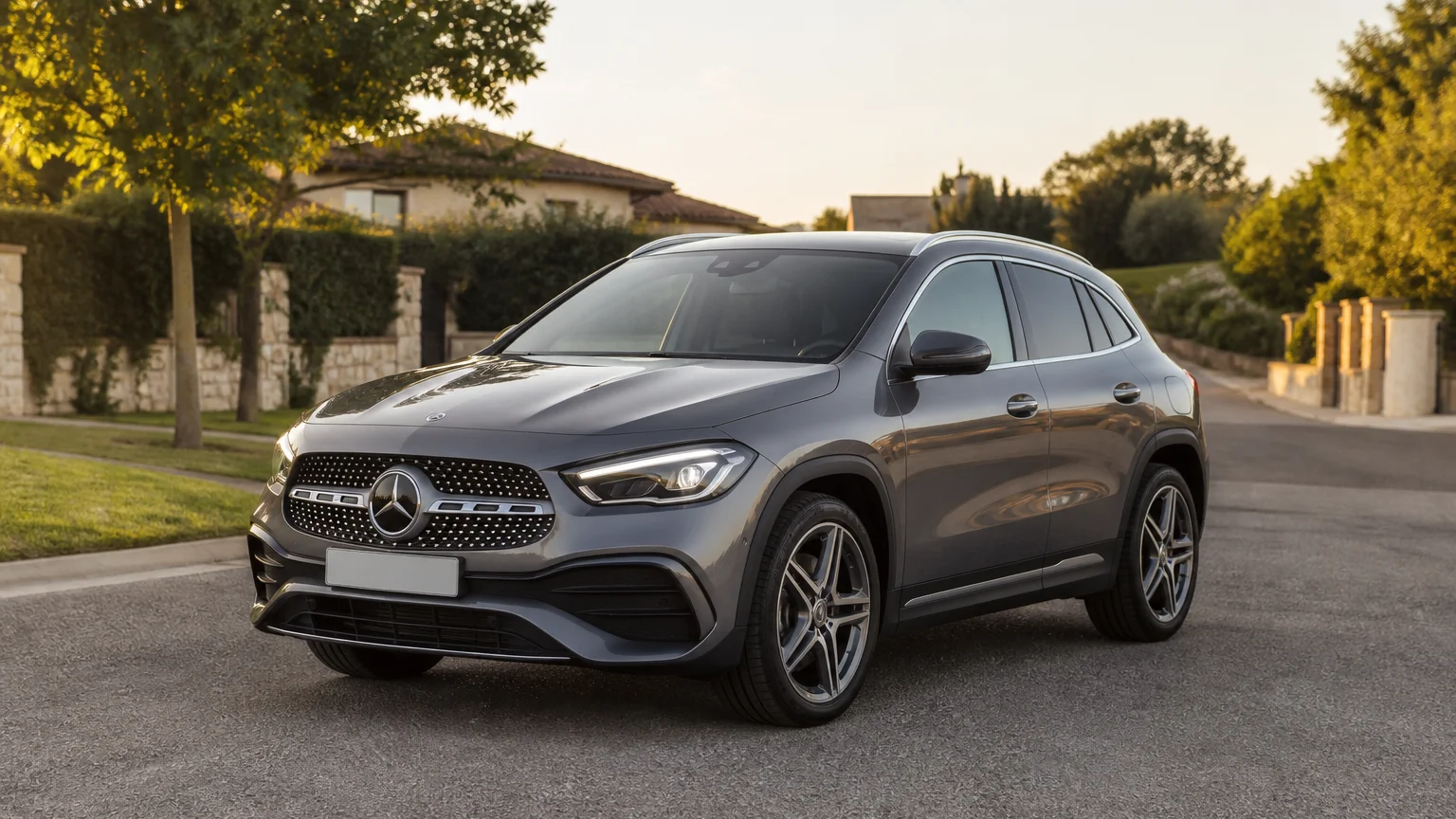 A Mercedes-Benz GLA compact luxury crossover, three-quarter front view, parked on a quiet street.