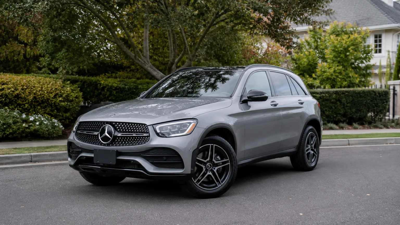 A Mercedes-Benz GLC compact luxury SUV, three-quarter front view, parked on a quiet street.