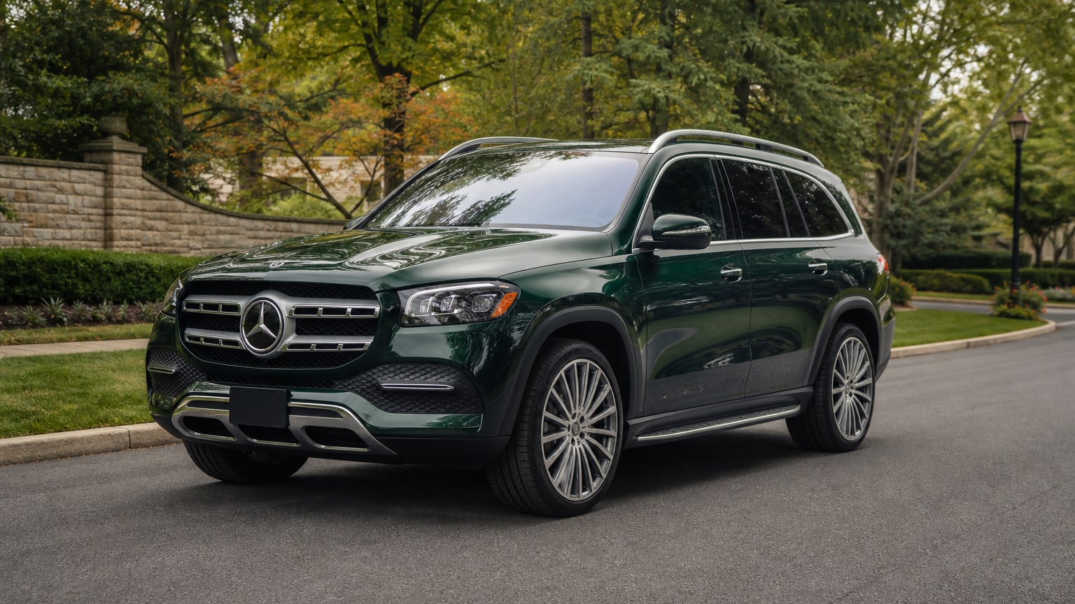 A cleaner later-model Mercedes-Benz GLS on a quiet road.