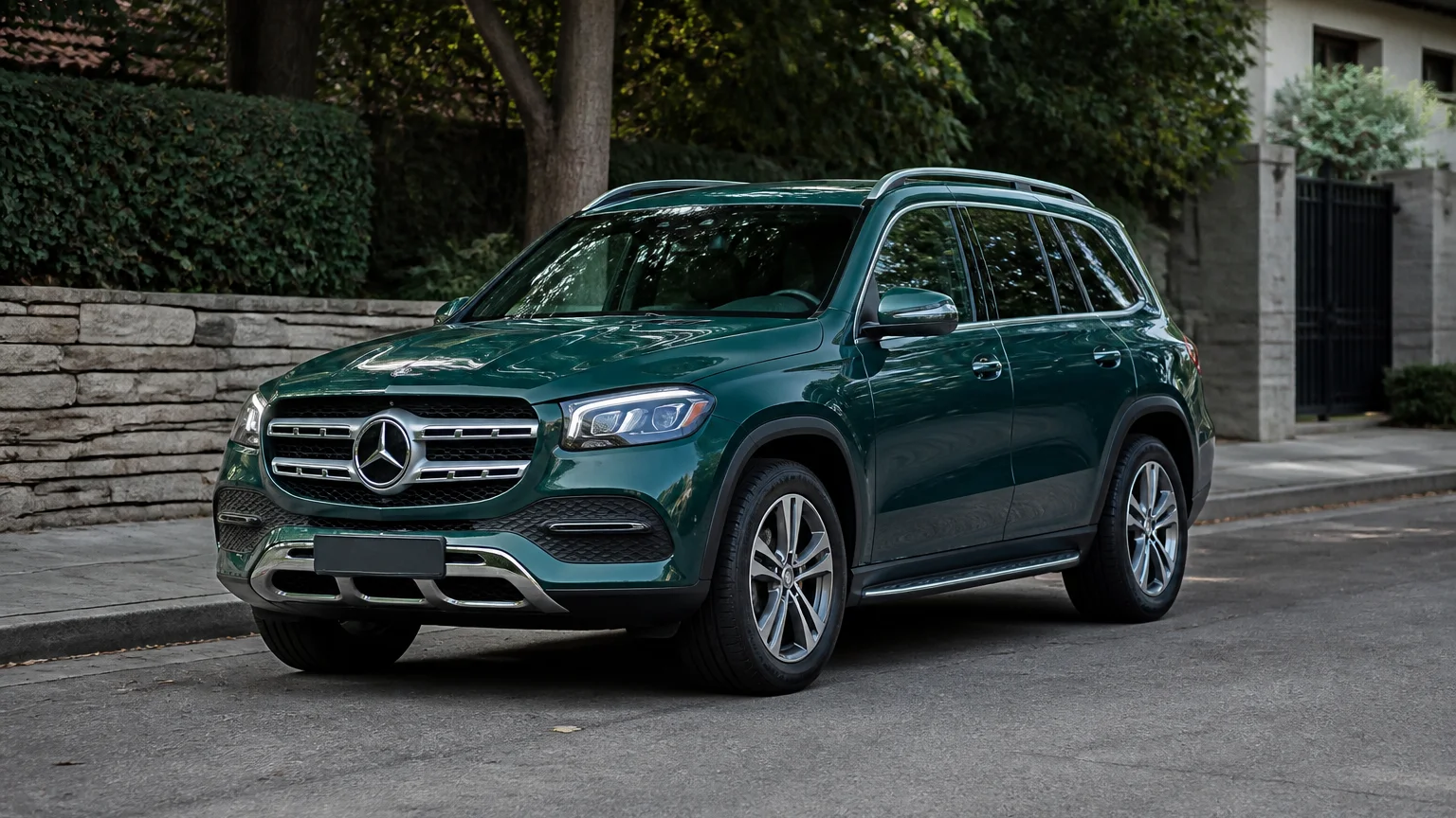 A Mercedes-Benz GLS full-size luxury SUV, three-quarter front view, parked on a quiet street.