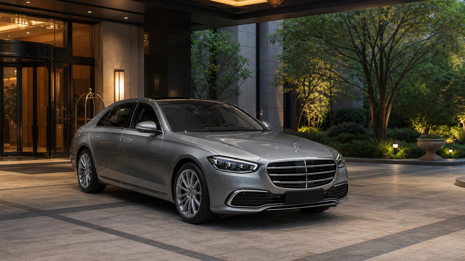 A Mercedes-Benz S-Class parked outdoors, three-quarter front view.