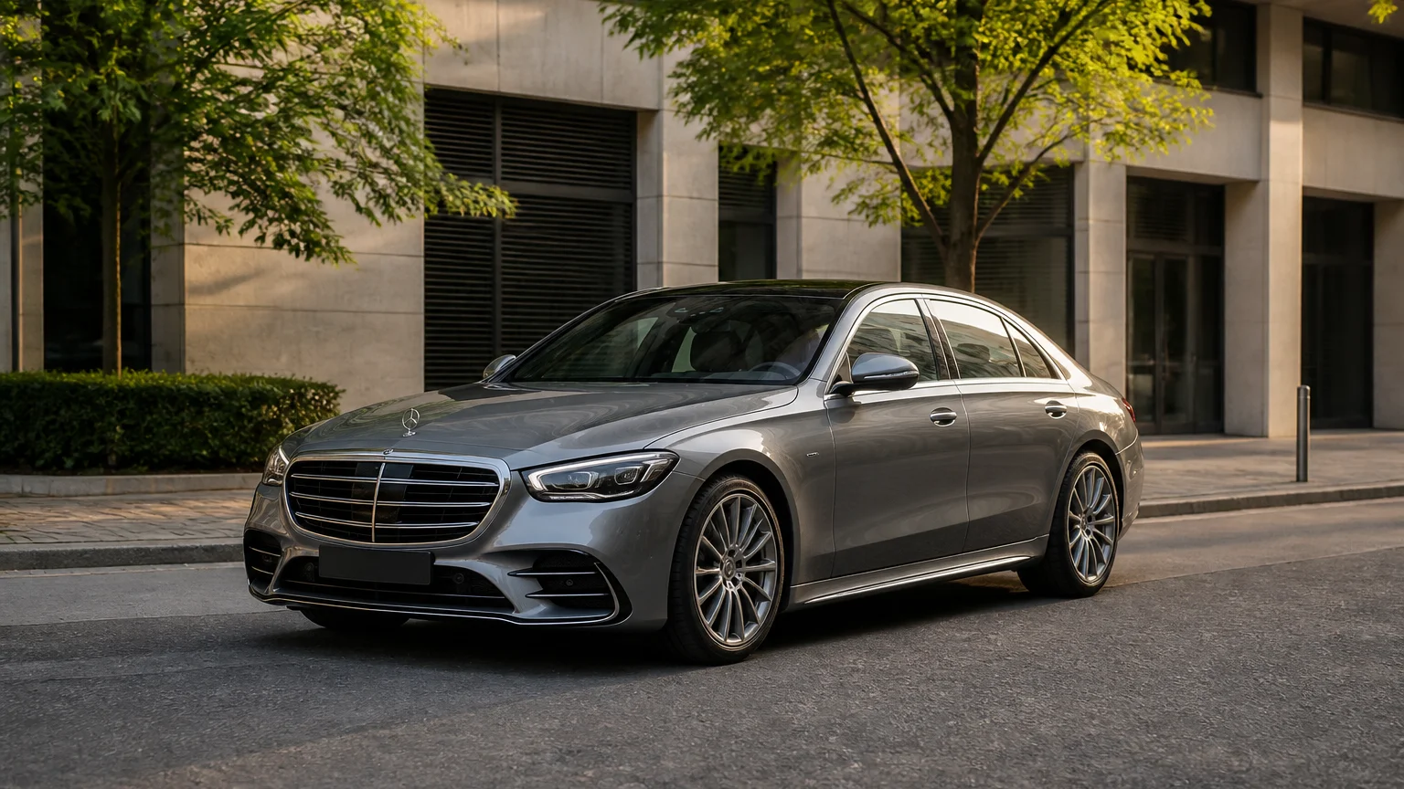A Mercedes-Benz S-Class full-size luxury sedan, three-quarter front view, parked on a quiet street.