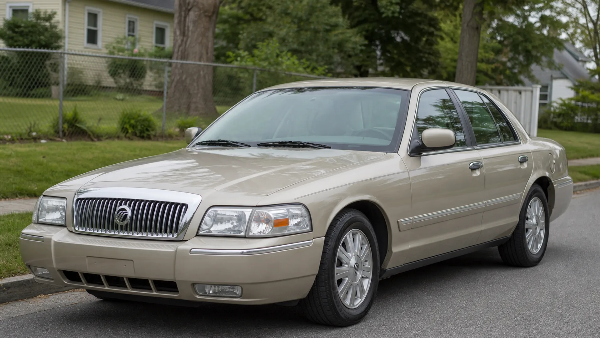 A beige Mercury Grand Marquis sedan parked on a quiet street.