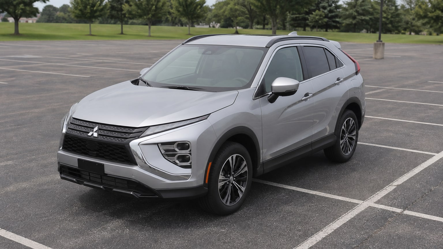 A Mitsubishi Eclipse Cross parked outdoors, three-quarter front view.