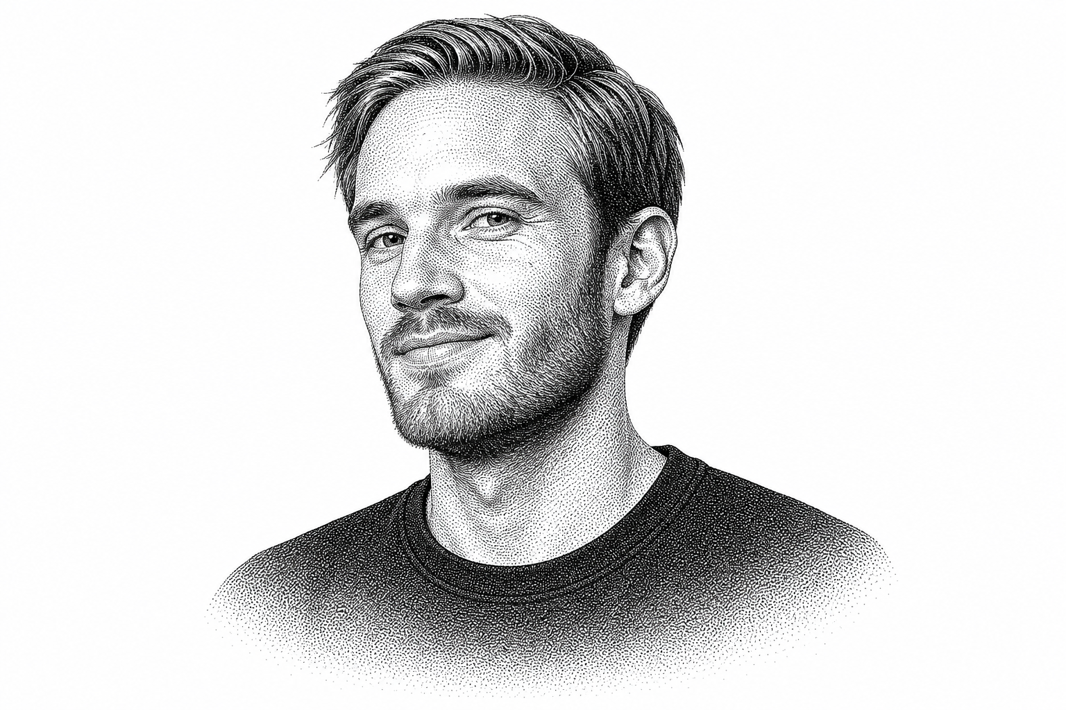 Black and white stipple portrait of PewDiePie.