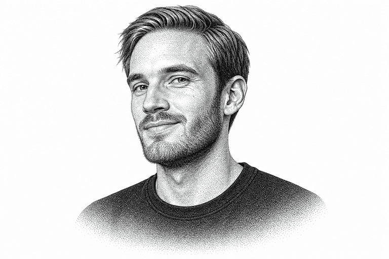 Black and white stipple portrait of PewDiePie.