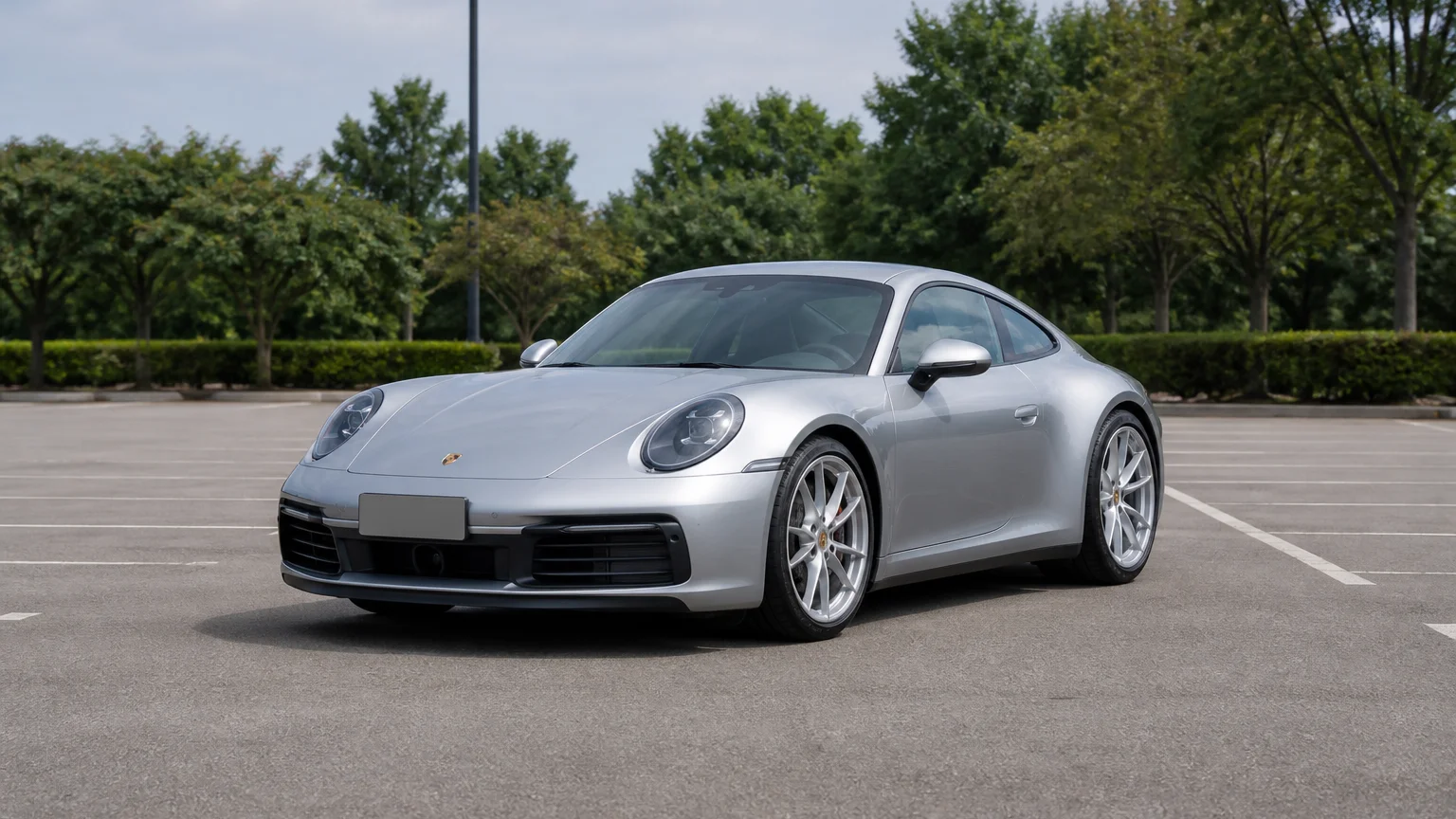 A Porsche 911, three-quarter front view, parked outdoors.