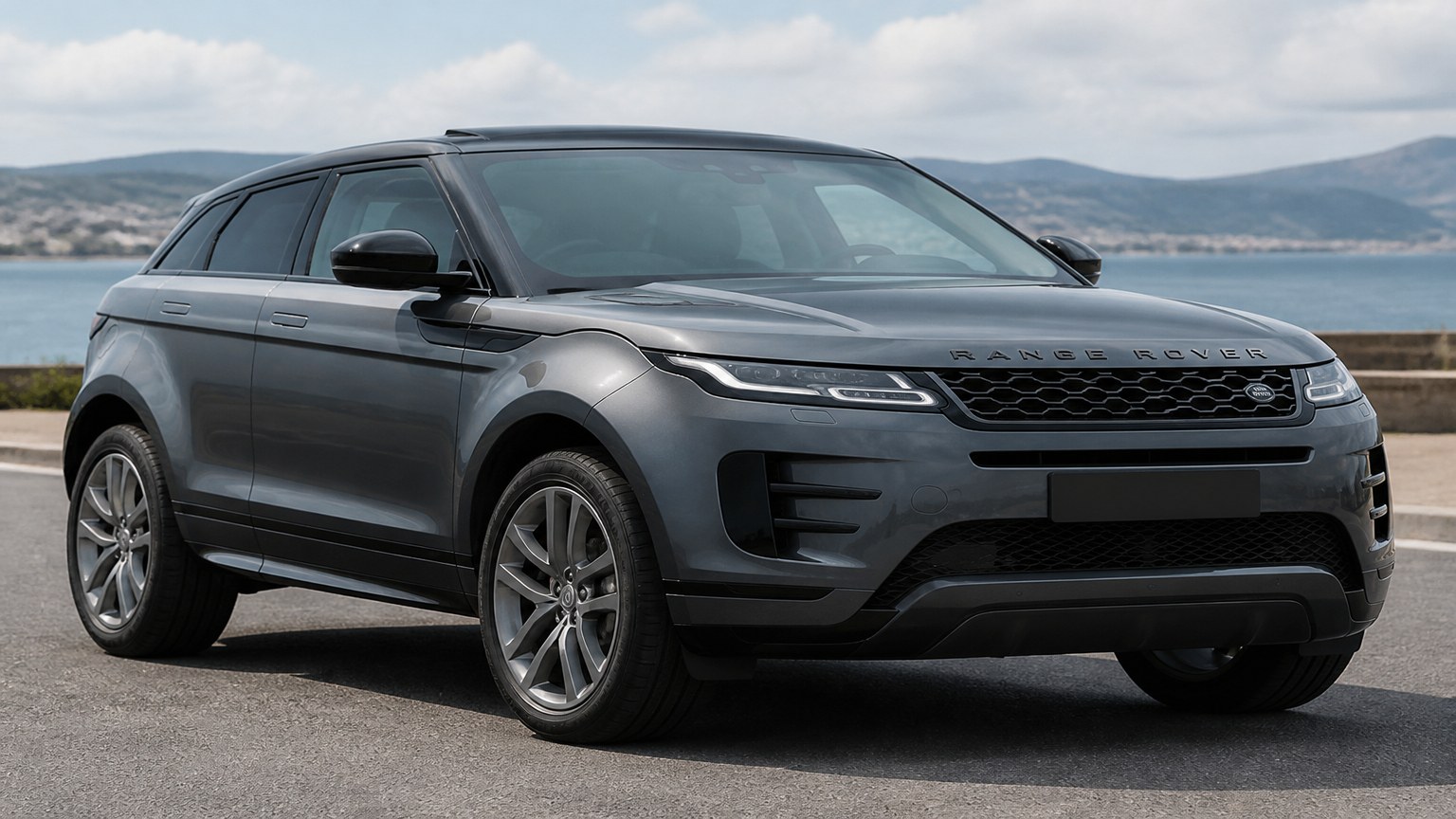 A cleaner later-model Range Rover Evoque on a quiet road.