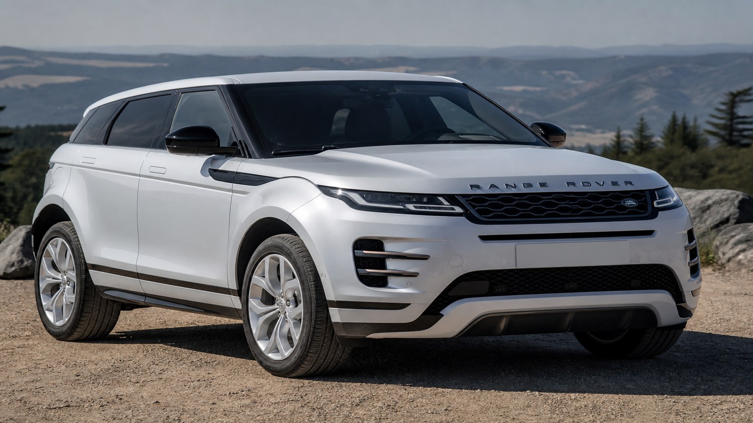 A Range Rover Evoque parked outdoors, three-quarter front view.