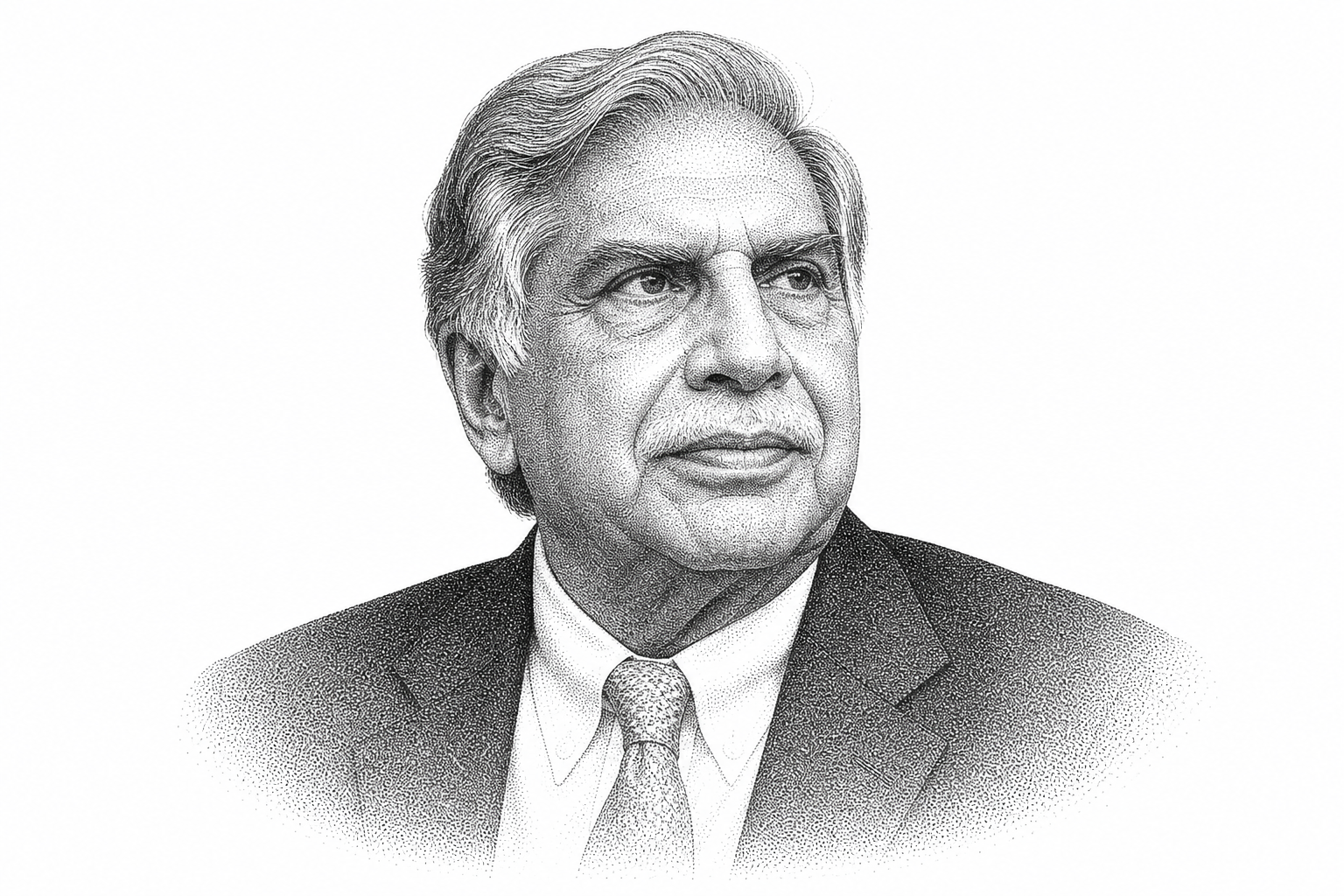Black and white stipple portrait of Ratan Tata.