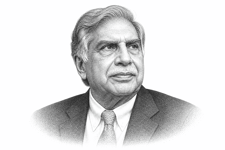 Black and white stipple portrait of Ratan Tata.