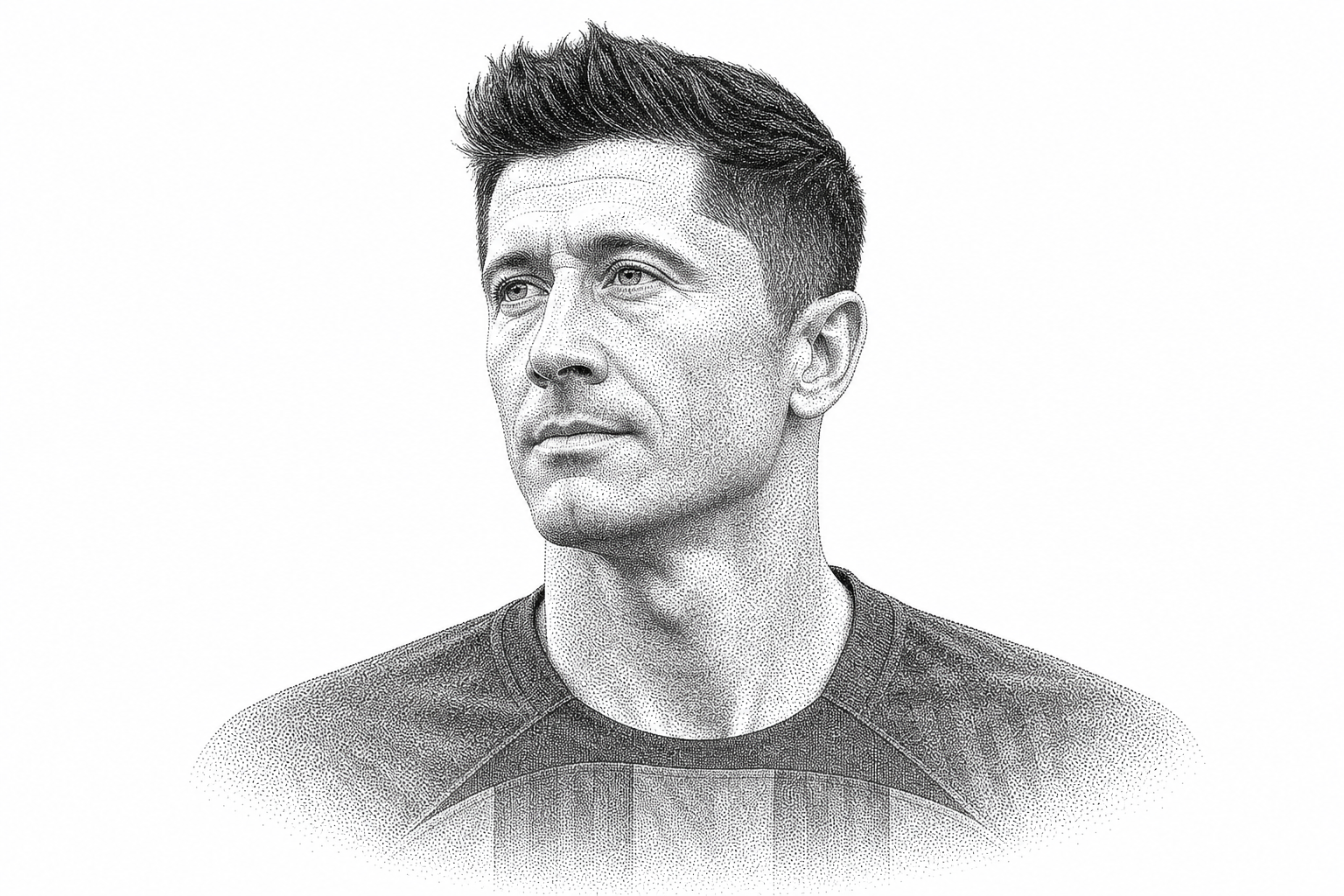 Black and white stipple portrait of Robert Lewandowski.