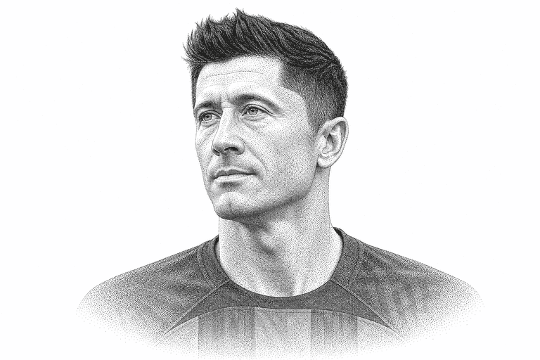Black and white stipple portrait of Robert Lewandowski.