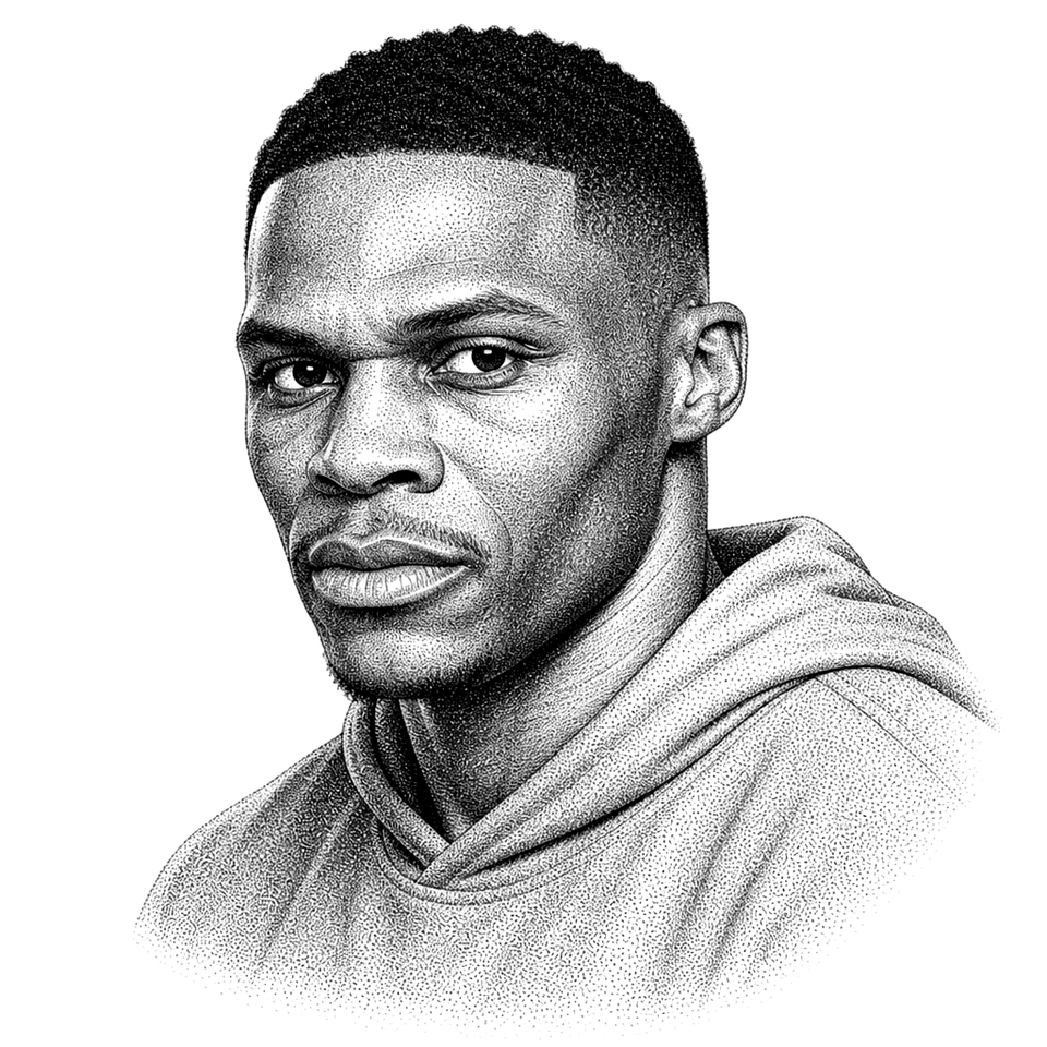 Black and white stipple portrait of Russell Westbrook.
