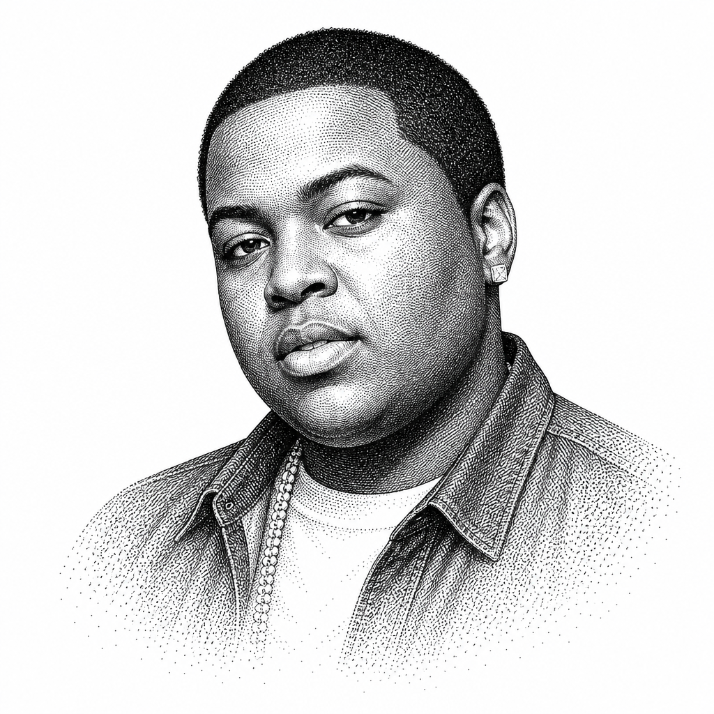 Black and white stipple portrait of Sean Kingston.