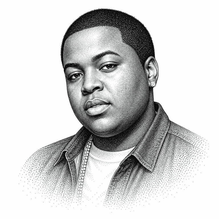 Black and white stipple portrait of Sean Kingston.