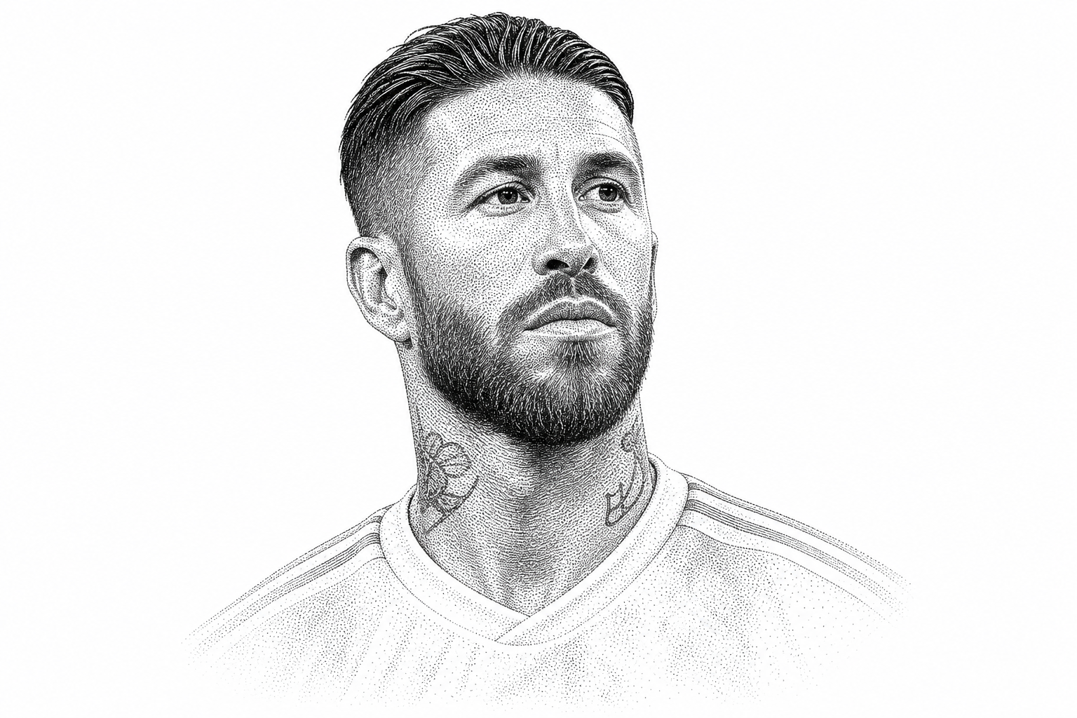 Black and white stipple portrait of Sergio Ramos.