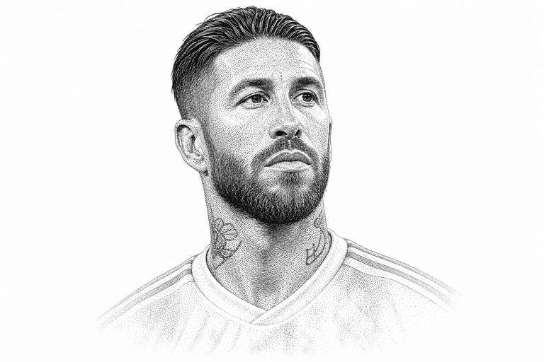 Black and white stipple portrait of Sergio Ramos.