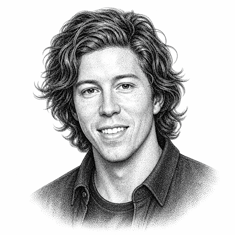 Black and white stipple portrait of Shaun White.