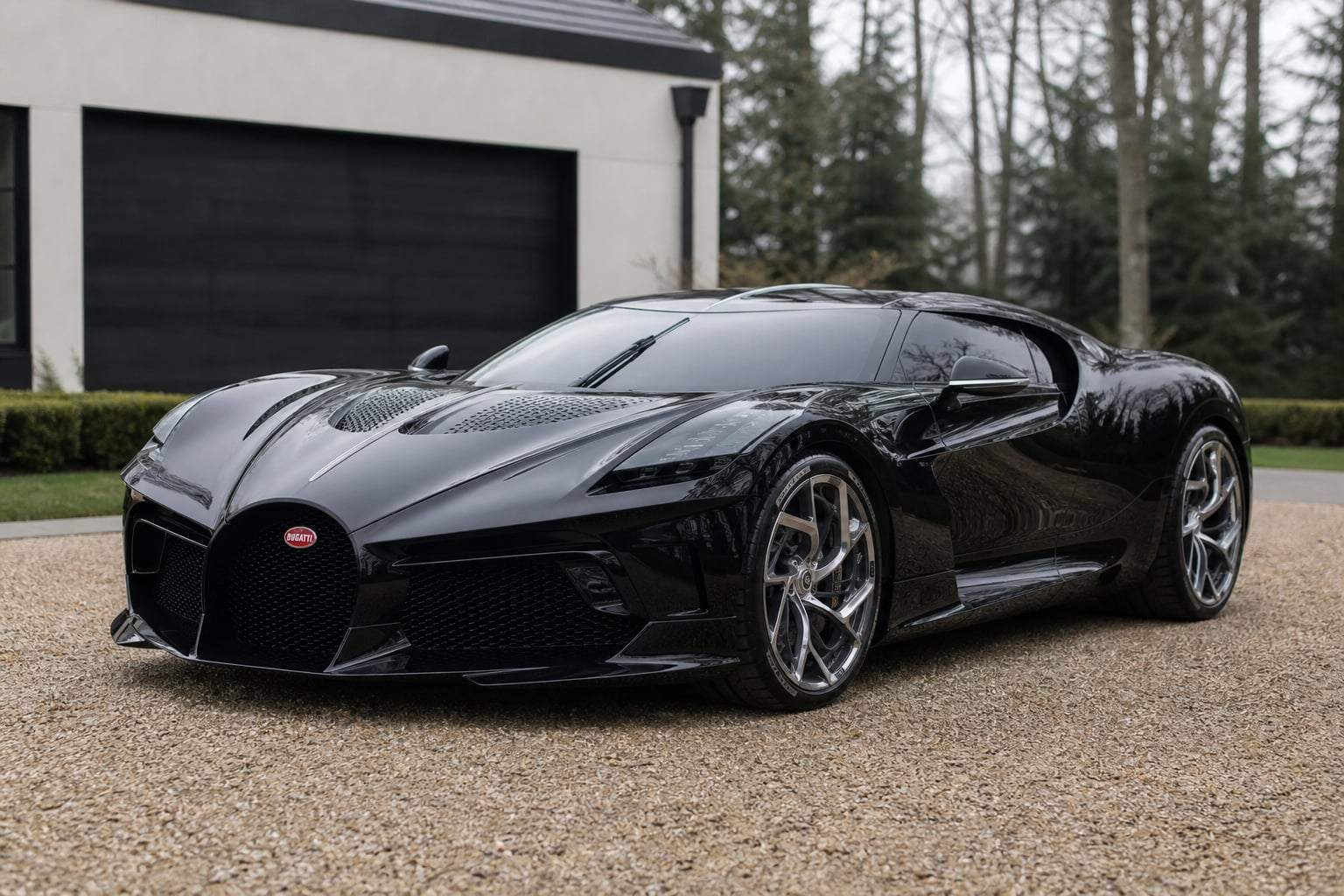 Black Bugatti La Voiture Noire hypercar on a private driveway