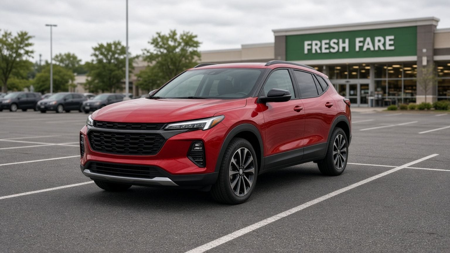 Red compact crossover in a grocery store parking lot, wide framing