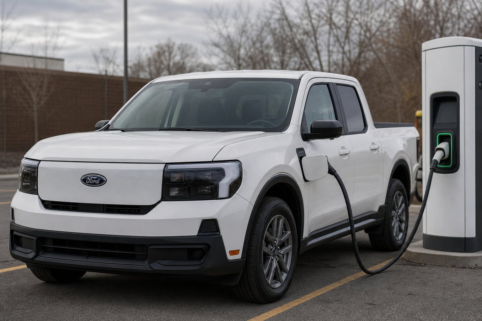 White compact Ford electric pickup at a charging station