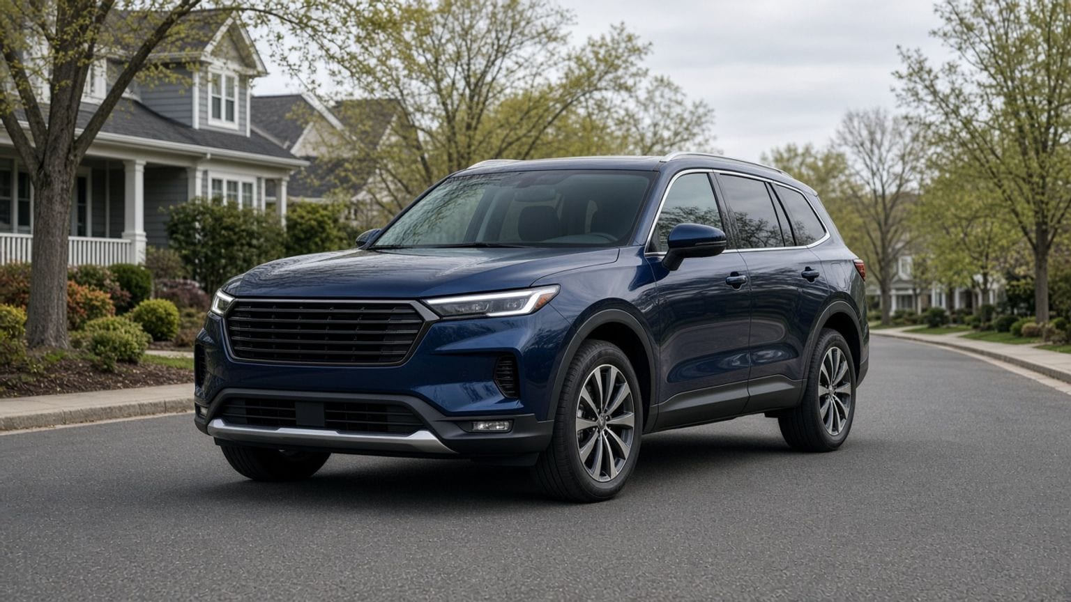 Dark blue Ford Explorer-style SUV on a suburban street, no readable badges or logos