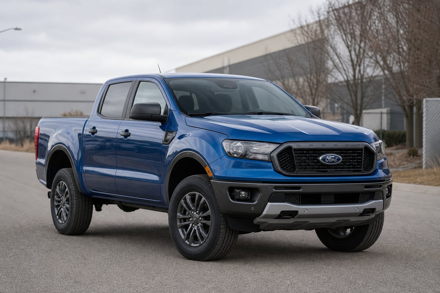 Blue Ford Ranger pickup parked on an industrial park road